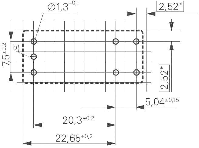 Technische Zeichnung eines rechteckigen Bauteils mit sechs Bohrlöchern und Maßangaben. Hauptmaße: 22,65 x 7,5 mm.