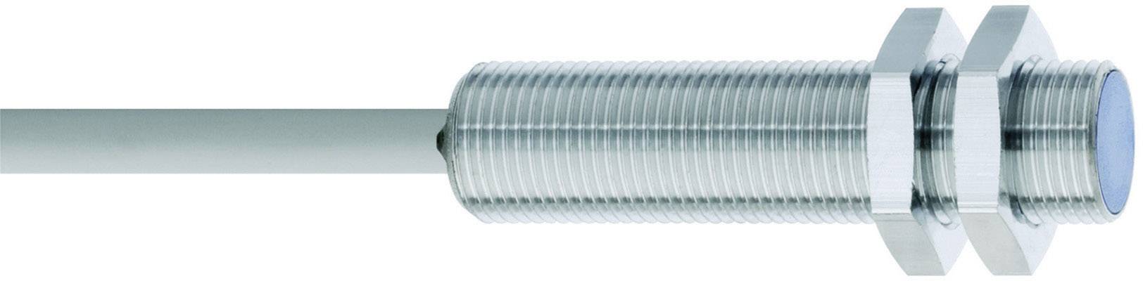 Zylindrischer induktiver Sensor mit Metallgewinde und Kabelanschluss. Geeignet für industrielle Anwendungen zur Objekterkennung.