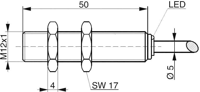 Zeichnung eines zylindrischen Sensors mit M12x1 Gewinde, Länge 50 mm, LED-Anzeige, Schlüsselweite SW 17, Durchmesser 5 mm.