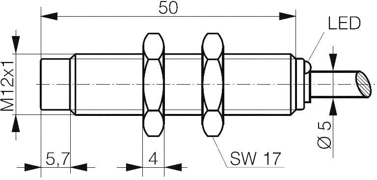 Technische Zeichnung eines zylindrischen Objekts mit M12x1-Gewinde, SW 17-Sechskant, LED-Markierung, Länge 50 mm, ø5 mm.