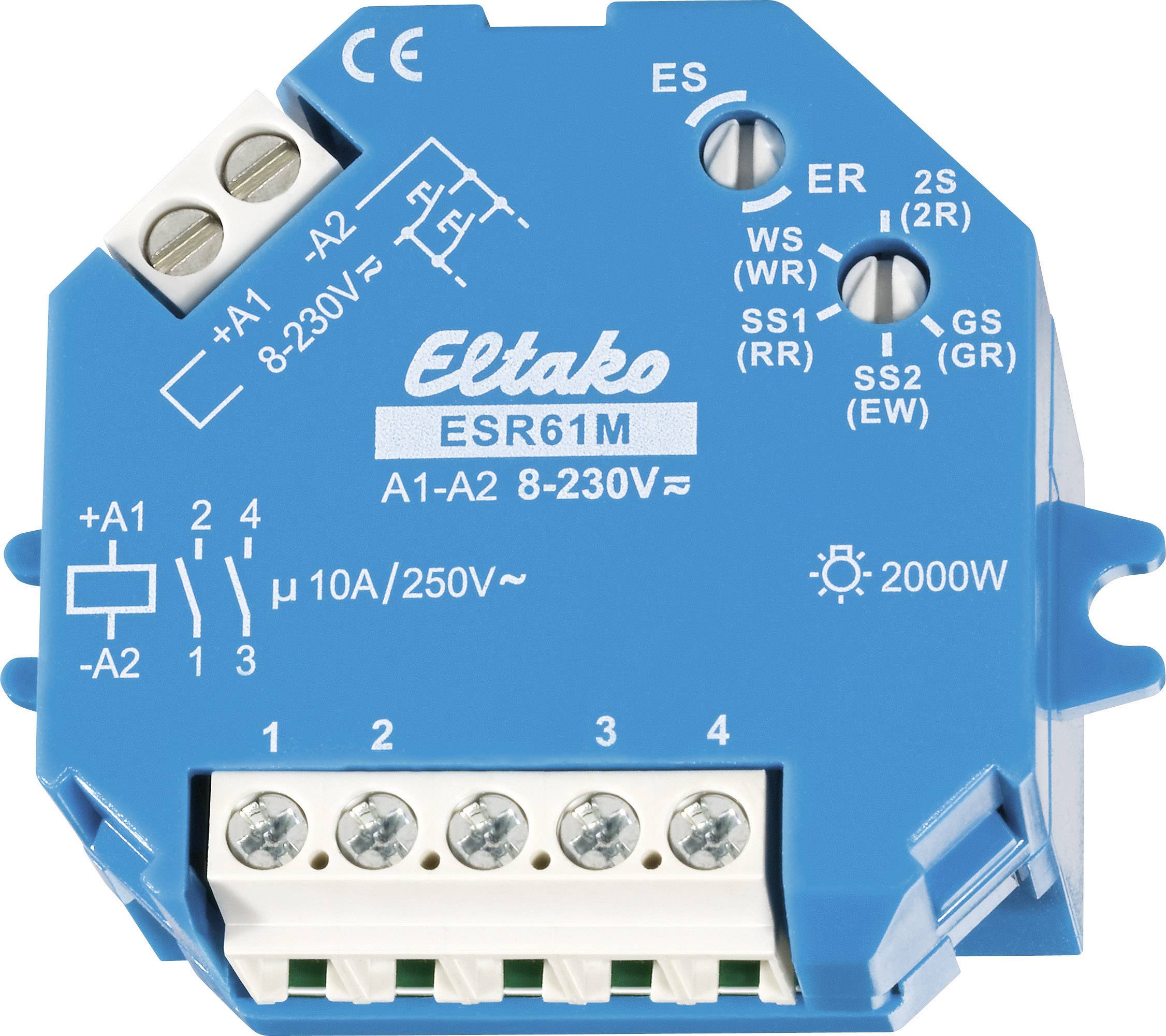 Blauer Eltako ESR61M Relais mit verschiedenen Anschlussklemmen und technischen Angaben, geeignet für 8-230V Betriebsspannung.