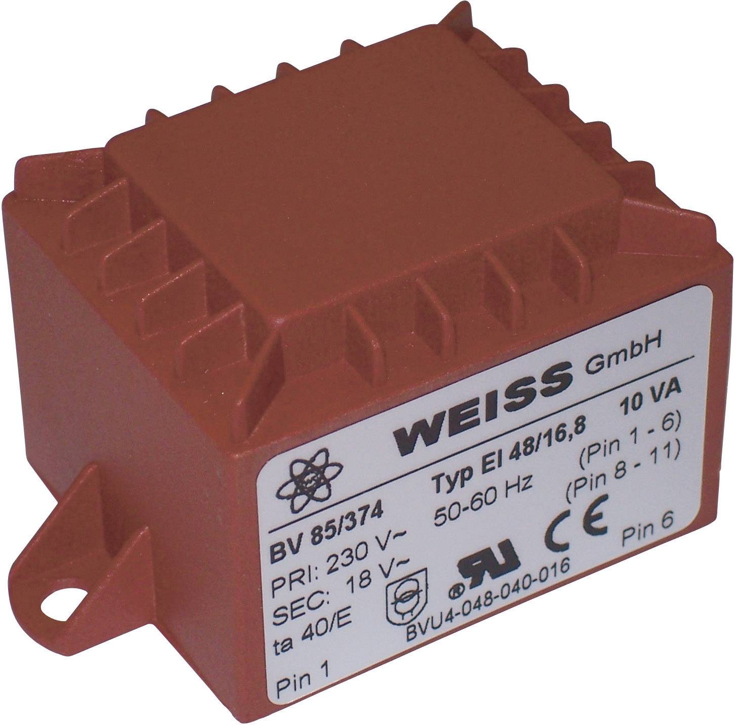 Roter Transformator mit Aufschrift: 'WEISS GmbH, Typ EI 48/16,8, 10 VA, Primär: 230 V, Sekundär: 18 V'. Technische Details und Modellnummer.