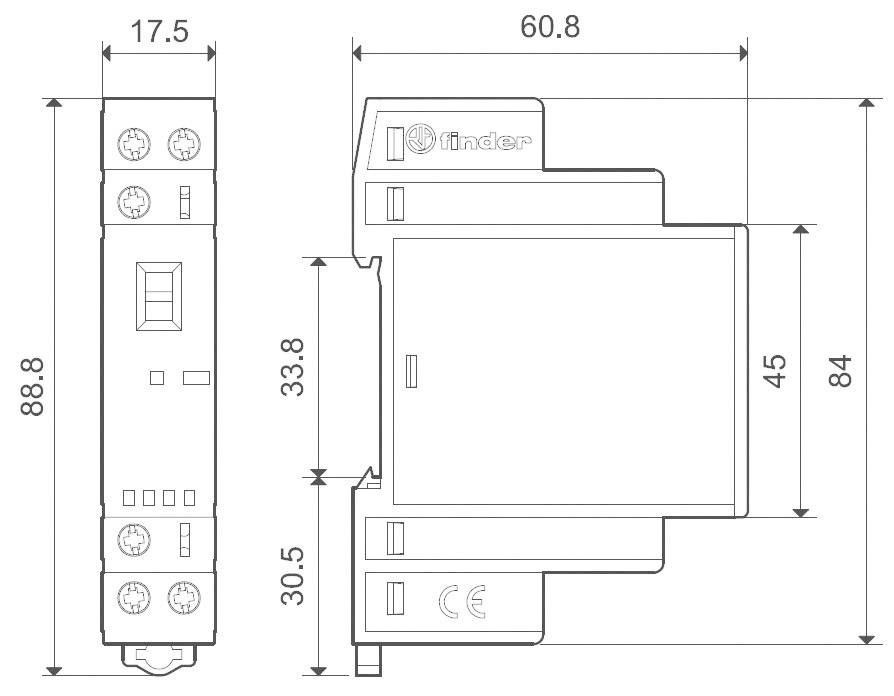 Technische Zeichnung eines DIN-Schienen-Relais mit den Maßen: Höhe 88,8 mm, Breite 17,5 mm, Tiefe 60,8 mm.