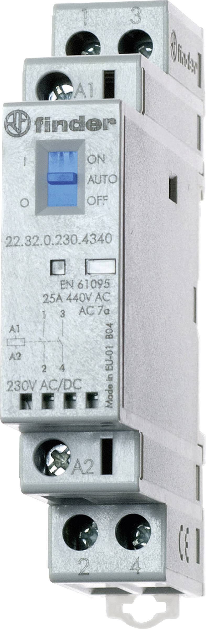 Ein Finder-Schaltrelais-Modul mit blauer Einstellleiste, auf einer Halterung montiert, zeigt Einstellungen 'ON', 'AUTO', 'OFF'.