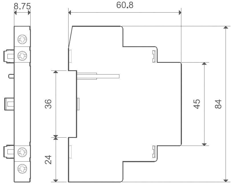 Technische Zeichnung eines elektrischen Bauteils mit Maßen: Breite 60,8 mm, Höhe 84 mm, Tiefe 8,75 mm und andere Details in Millimetern.