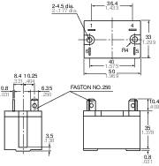 Technische Zeichnung eines rechteckigen elektrischen Bauteils mit Maßangaben in Millimetern und Anschlüssen oben.