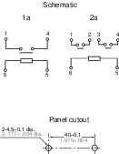 Elektrisches Schaltbild mit zwei Schaltplänen (1a, 2a) und einer Frontplattenausschnitt-Ansicht mit Abmessungen und Bohrlöchern.