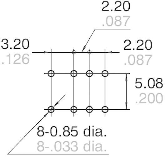 Technische Zeichnung einer Bohrlochschablone: 8 Bohrungen mit 0,85 mm Durchmesser. Abstände: 3,20 mm horizontal, 2,20 mm vertikal.
