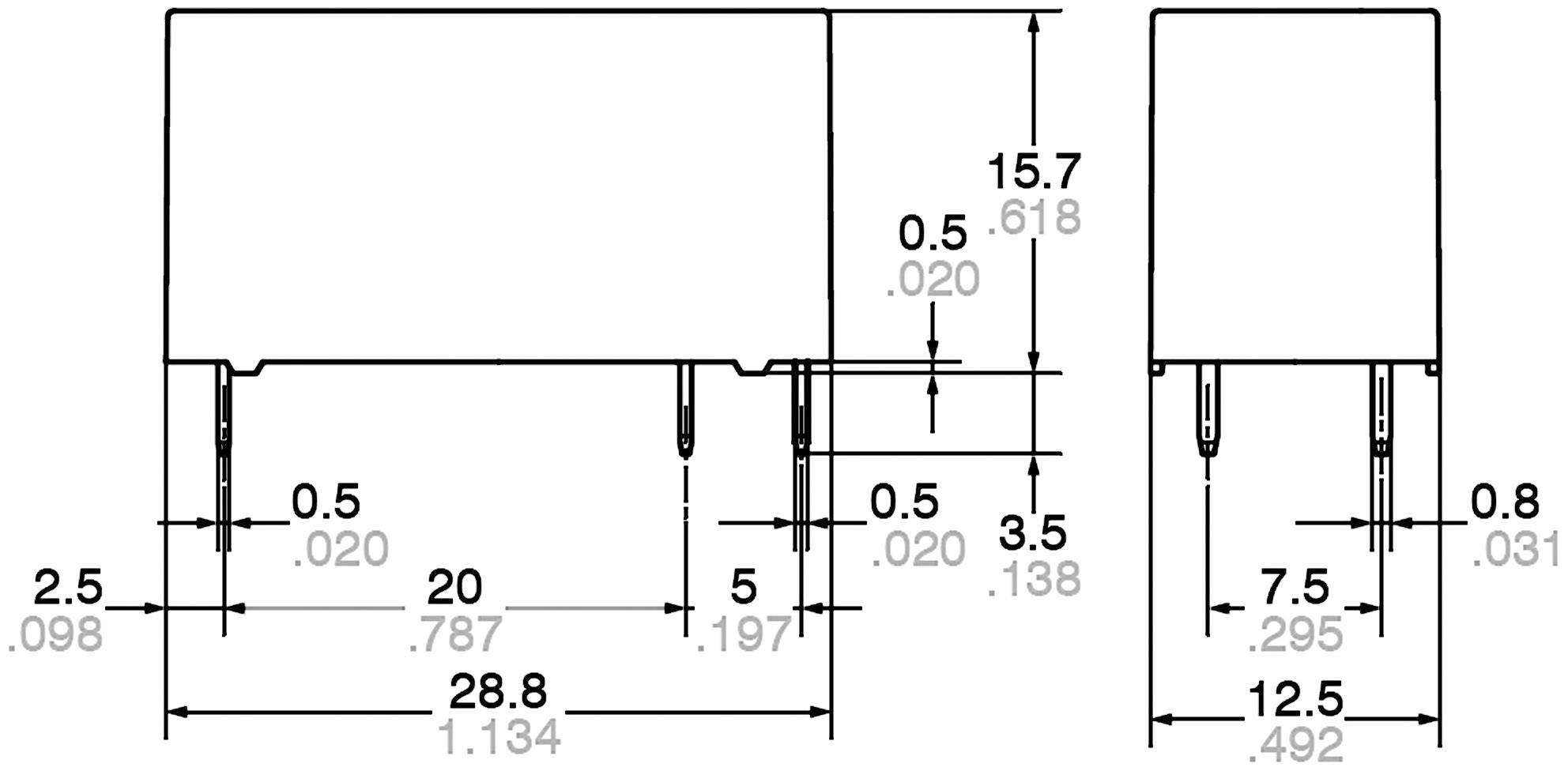 Diagramm zeigt Maße eines rechteckigen Bauteils mit mehreren Abmessungen in Millimetern und Zoll, einschließlich Höhe, Breite und Tiefe.