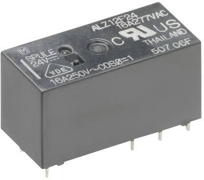 Ein elektrisches Relais mit Aufschrift '16A 250V', schwarzes Gehäuse und sechs Anschlussstiften für Leiterplattenmontage.