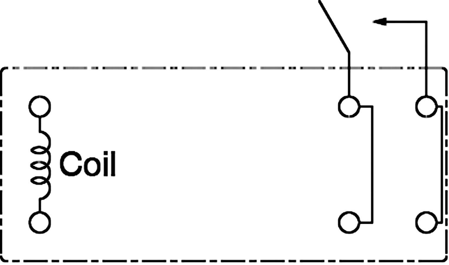 Relais-Schaltplan: Rechteckiges Kästchen mit Coil-Symbol auf der linken Seite, rechts zwei zwischengeschaltete Kontakte.