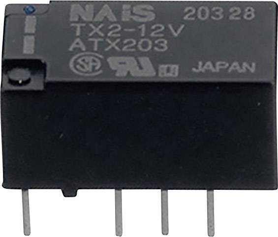 Rechteckiges, schwarzes Relais mit der Aufschrift: NAIS, TX2-12V, ATX203, 20328, Japan. Vier Metallstifte unten. Elektronisches Bauteil.