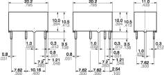 Technische Zeichnung von drei elektronischen Bauteilen mit Maßangaben. Die Abmessungen der Bauteile sind in Millimetern angegeben.