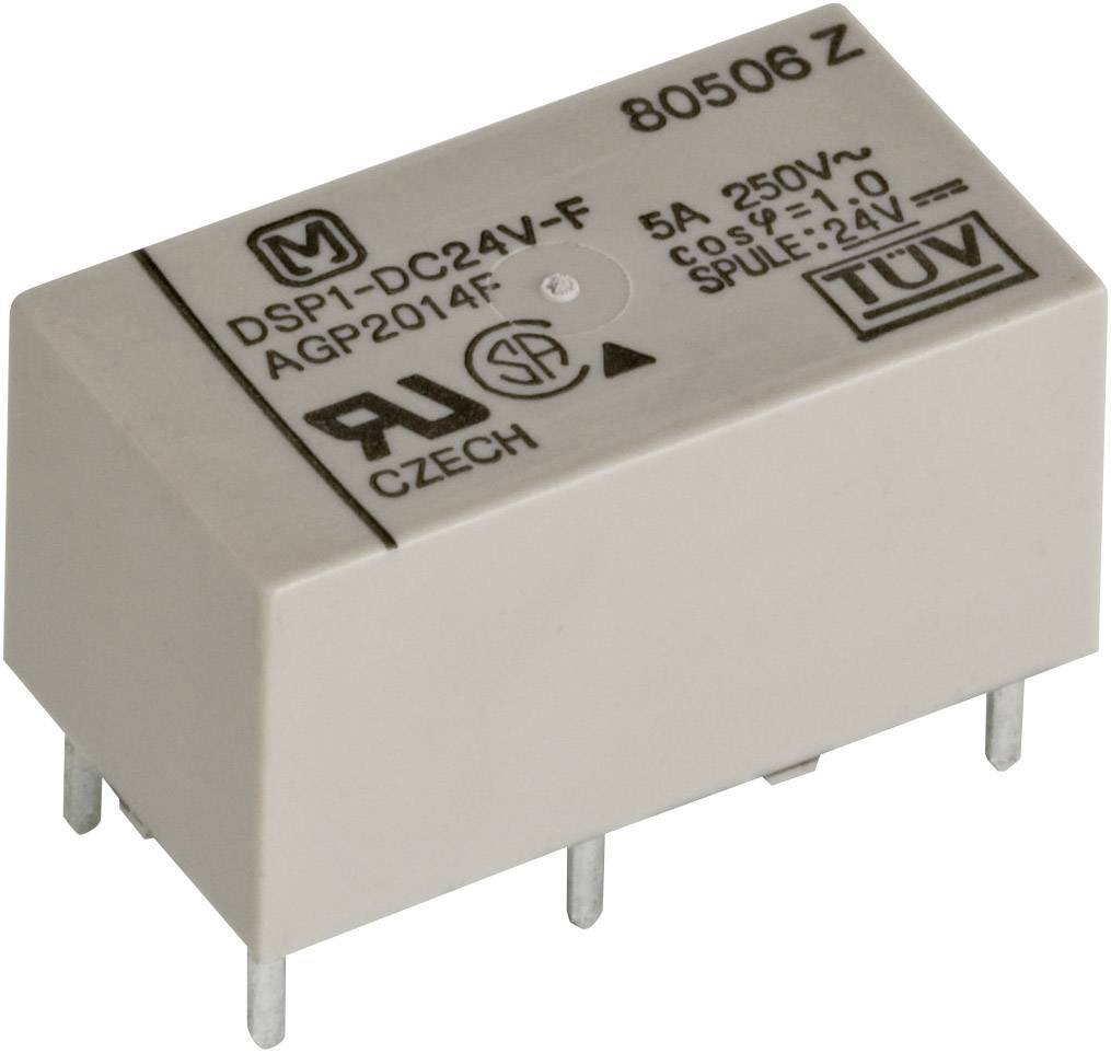 Ein kleines elektronisches Relais mit der Aufschrift 'DSPI-DC24V-F, 5A, 250V~'. Es hat sechs Anschlussstifte an der Unterseite.