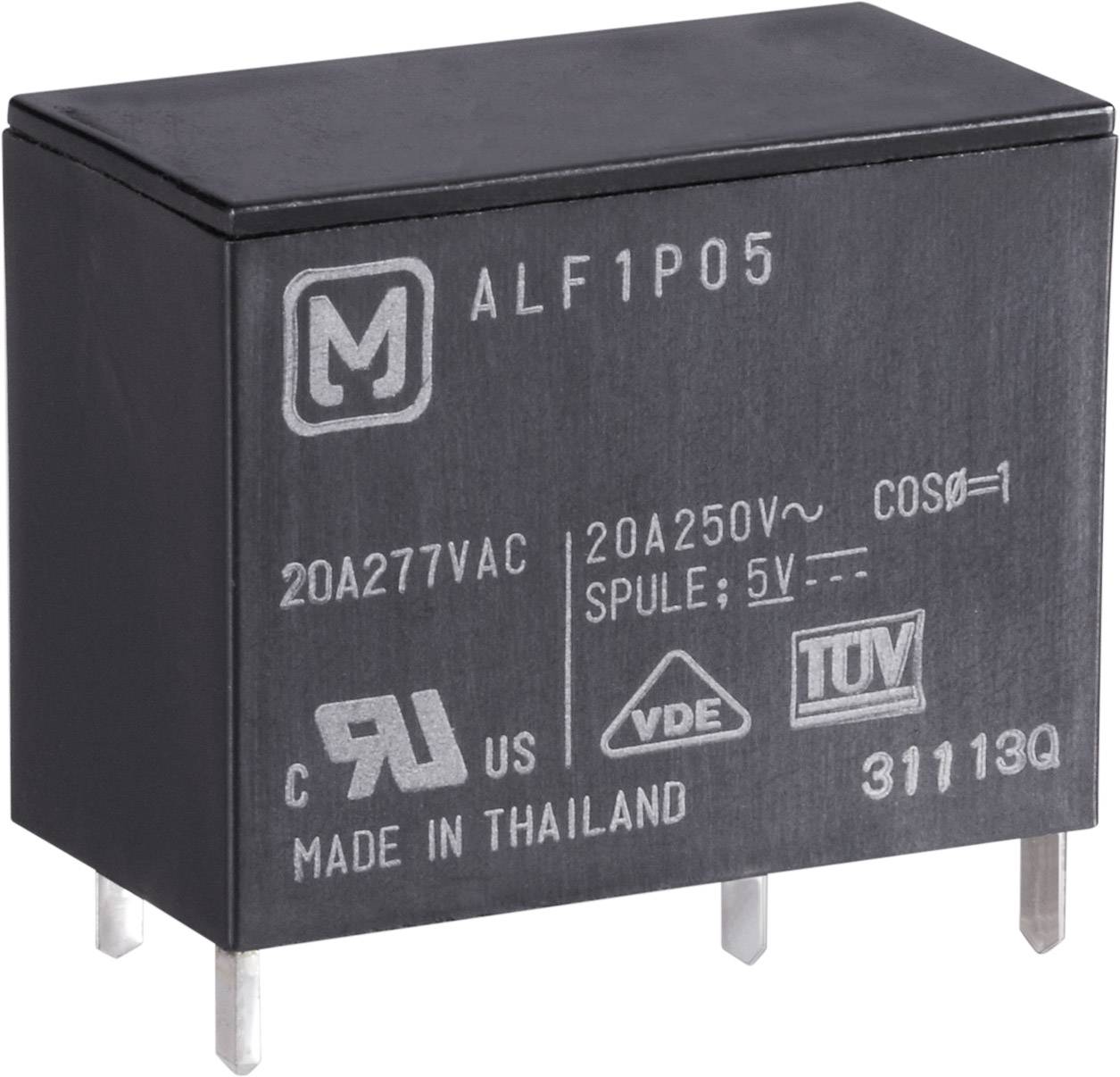 Schwarzes elektrisches Relais mit der Beschriftung 'ALF1P05', Spezifikationen und Prüfsiegel. Hergestellt in Thailand.