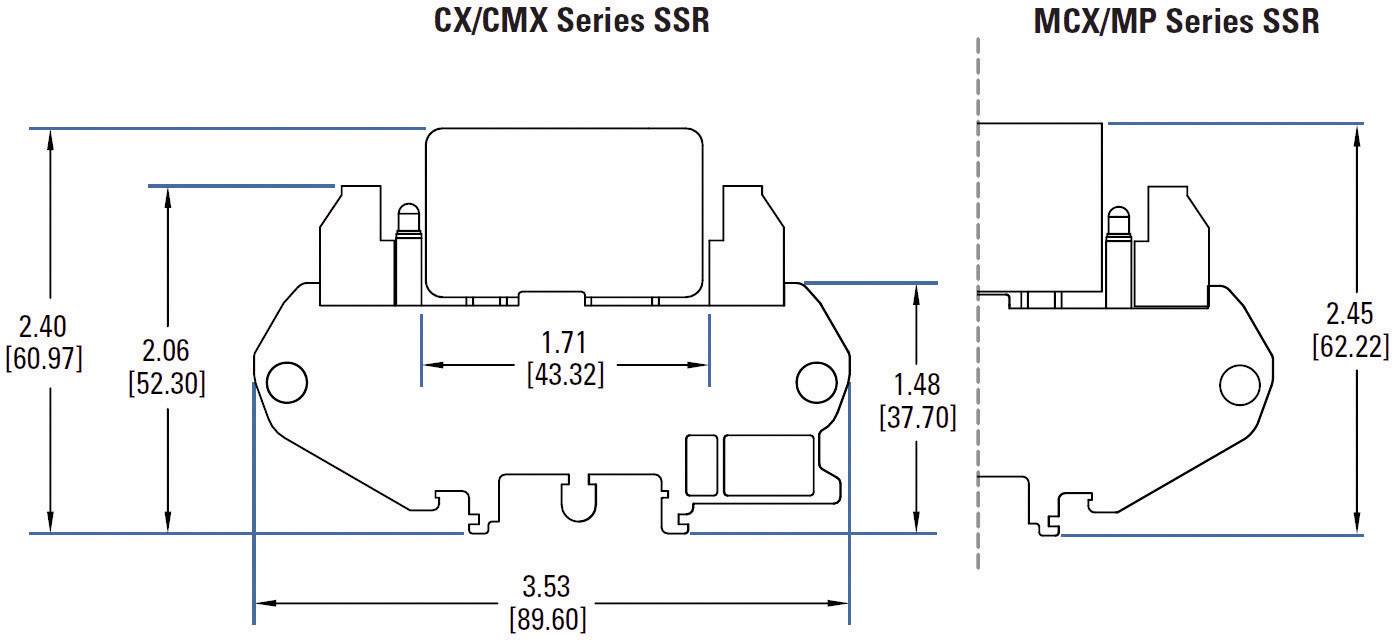 Technische Zeichnung von CX/CMX und MCX/MP Serie SSR mit detaillierten Abmessungen in Zoll und Millimeter.