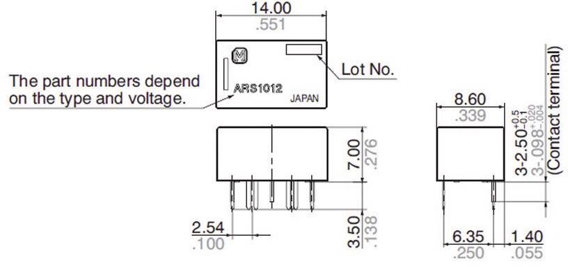 Maßzeichnung eines rechteckigen elektronischen Bauteils mit Pins. Abmessungen und Bezeichnungen wie 'Lot No.' und 'JAPAN' sind angegeben.