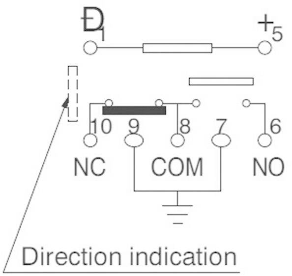 Schaltplan eines Relais mit Kontakten: NC, COM, NO und Diode D1. Plus- und Erdungspunkte sowie Richtungsanzeige markiert.