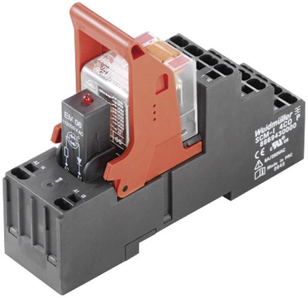 'Weidmüller Relaismodul SBG9450000', schwarzes Gehäuse mit rotem Hebel, druckt technische Spezifikationen auf der Oberfläche.