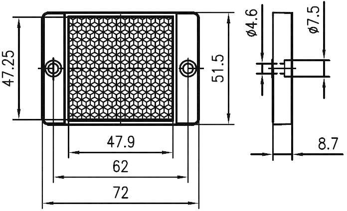 Technische Zeichnung einer rechteckigen Halterung mit Maßen: Breite 72 mm, Höhe 51,5 mm, Tiefe 8,7 mm. Verschiedene Durchmesser angegeben.