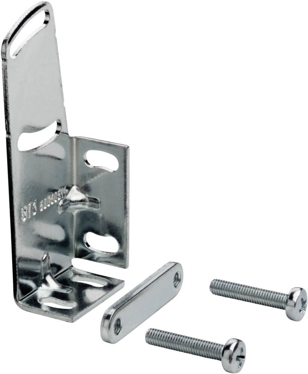 Ein Winkelverbinder aus Metall mit zwei Schrauben und einer Befestigungsplatte, verwendet für stabile Möbelmontage oder Regalbefestigung.