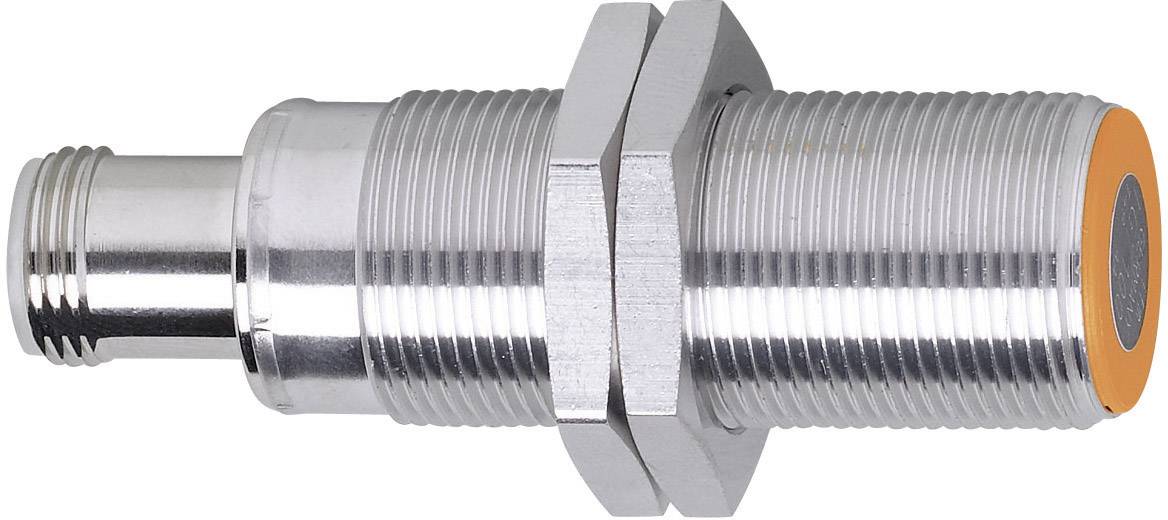 Metallischer zylindrischer Sensor mit einem orangefarbenen kreisförmigen Ende; verwendet vermutlich zur Objekterkennung.