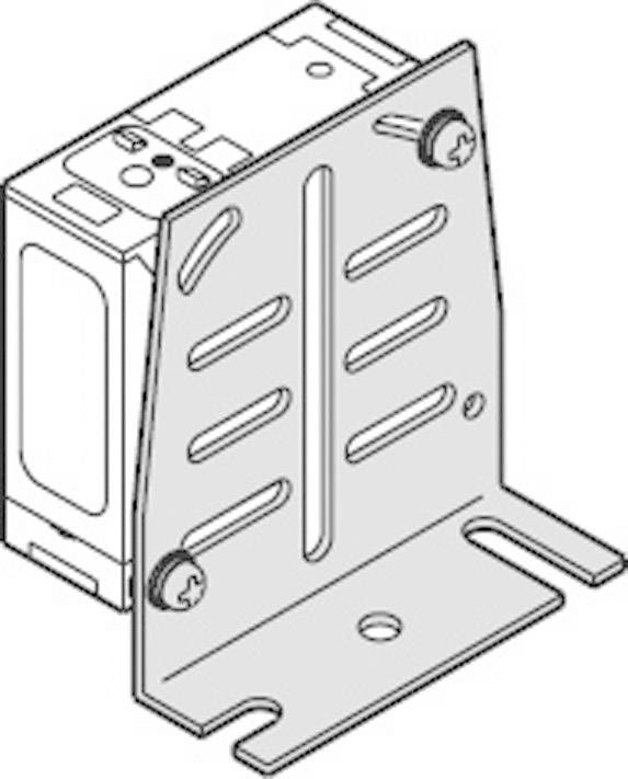Schwarz-weiß Zeichnung eines rechteckigen Steckdosengehäuses mit seitlicher Montageplatte und zwei Schrauben zur Befestigung.
