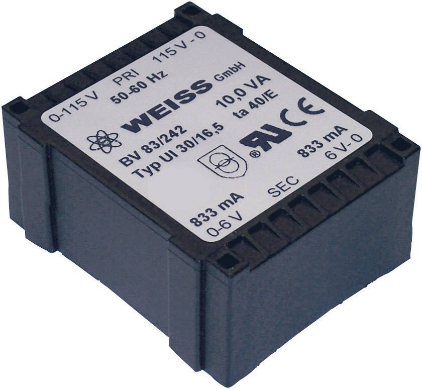 Ein elektrischer Transformator mit Beschriftung 'WEISS GmbH, 10 VA, 833 mA'. Spannungseingang: 115 V, Ausgang: 6 V.