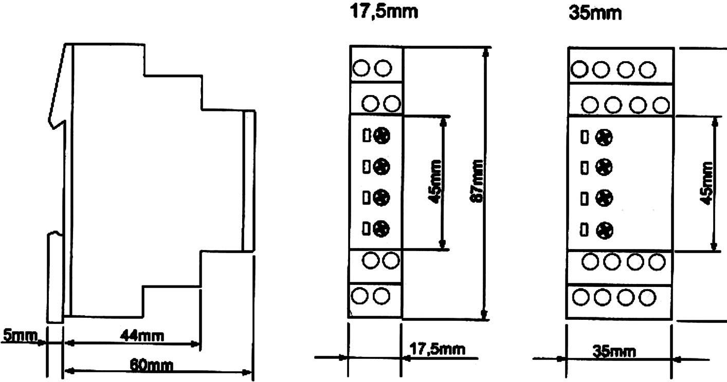 Skizze von elektrischen Bauteilen mit Abmessungen: links 60x44x5mm, Mitte 87x17,5x45mm, rechts 87x35x45mm. Bauteile nebeneinander.