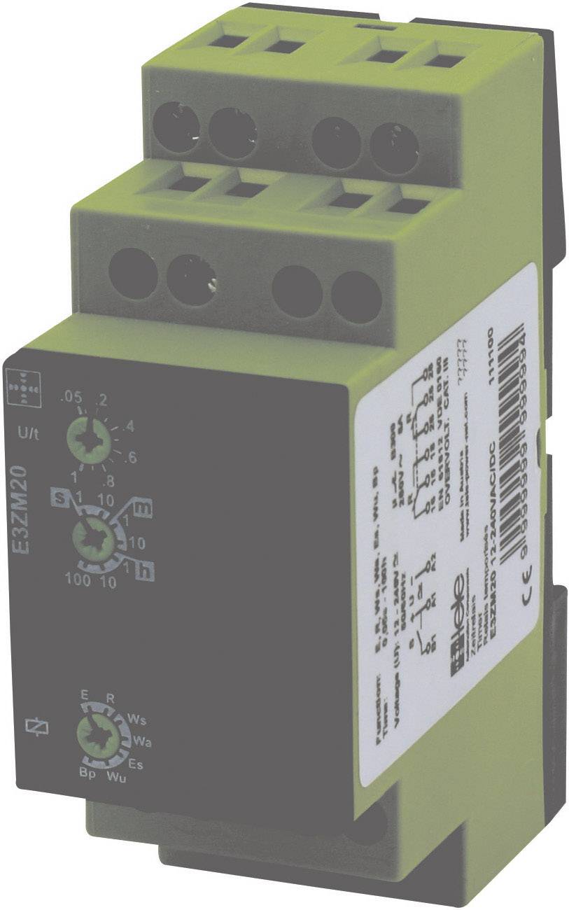 Ein grünes elektronisches Gerät mit mehreren Einstellknöpfen und Anschlussmöglichkeiten, vermutlich ein Zeitschalter oder Relais.