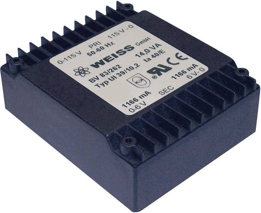 Schwarzer Transformator mit Angaben: 'WEISS GmbH, 115 V, 50/60 Hz, 14,0 VA, CE-Zeichen'.