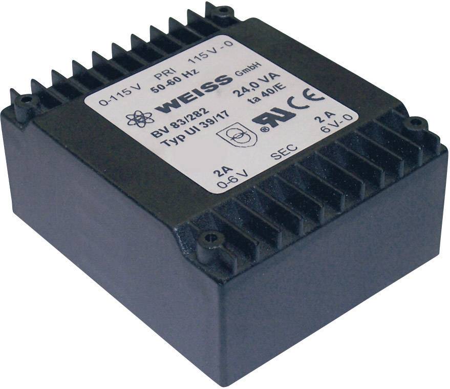 Netzteilmodul mit Aufschrift: 'PRI: 115V, 50-60Hz, 24.9VA', Hersteller 'WEISS GmbH'. Elektronische Komponenten für Transformatoren.