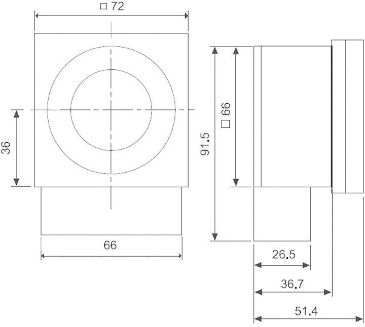 Technische Zeichnung eines quadratischen Bauteils mit zwei Ansichten. Maße: 72x36 und 66x91,5 Einheiten. Seitenansicht zeigt Tiefe.