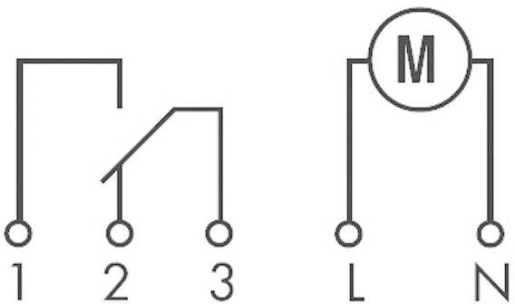 Schaltplan zeigt zwei Schalter: links, Schalter 1 (geschlossen) und 2 (offen) verbinden mit Punkt 3; rechts, Motor 'M' verbunden mit L und N.