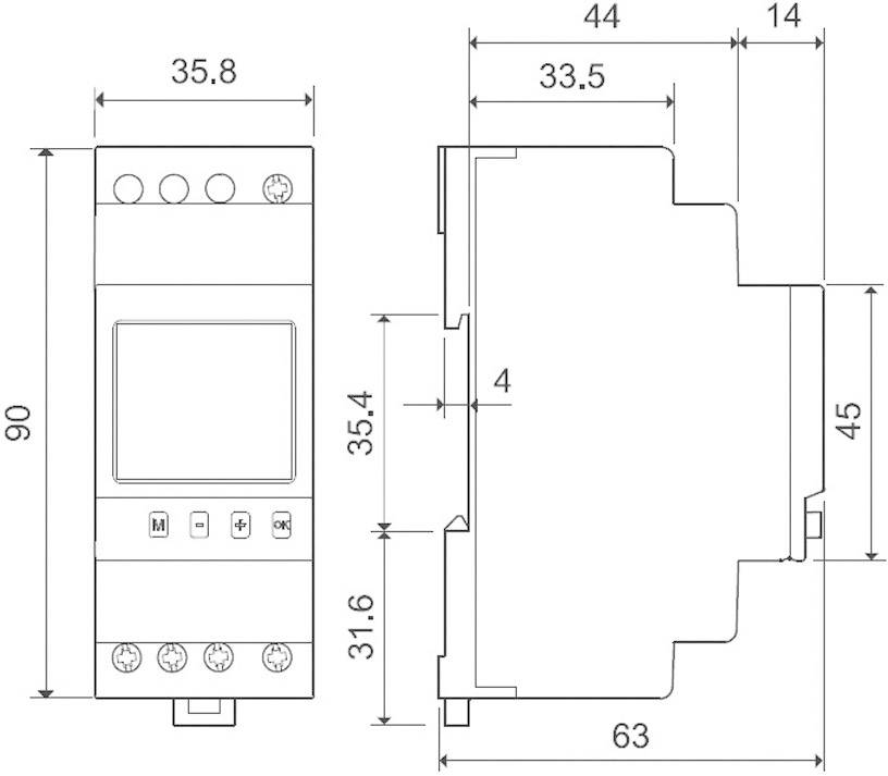 Technische Zeichnung eines elektronischen Geräts mit Abmessungen: Breite 35,8 mm, Tiefe 63 mm, Höhe 90 mm. Front- und Seitenansicht.