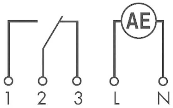Schaltschema mit drei Kontakten links, anschließbar an Position 1-3, und zwei Kontakten rechts, gekennzeichnet mit 'L' und 'N', und 'AE' im Kreis.
