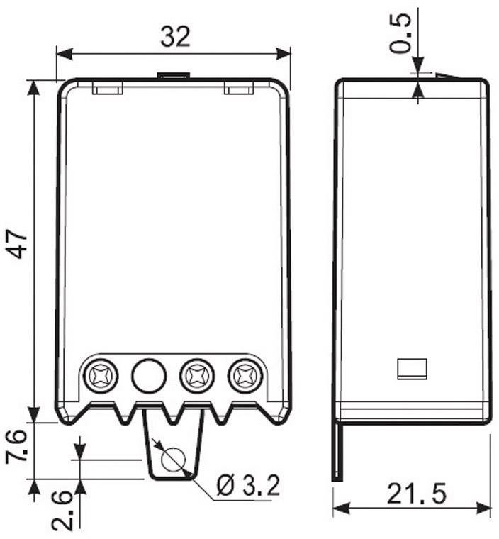Technische Zeichnung eines rechteckigen Gehäuses mit Abmessungen: 47mm Höhe, 32mm Breite, drei Befestigungspunkte unten.