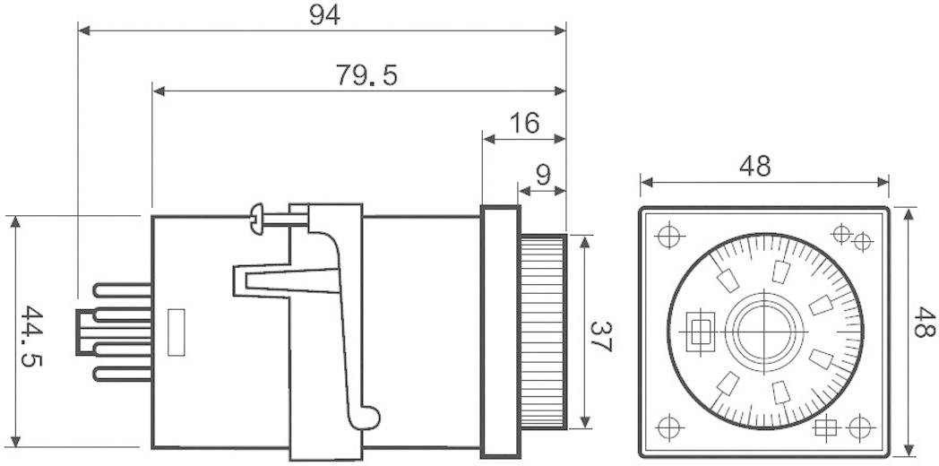 Technische Zeichnung eines elektrischen Steckers mit Abmessungen: Länge 94 mm, Breite 44,5 mm, und Frontansicht 48x48 mm.