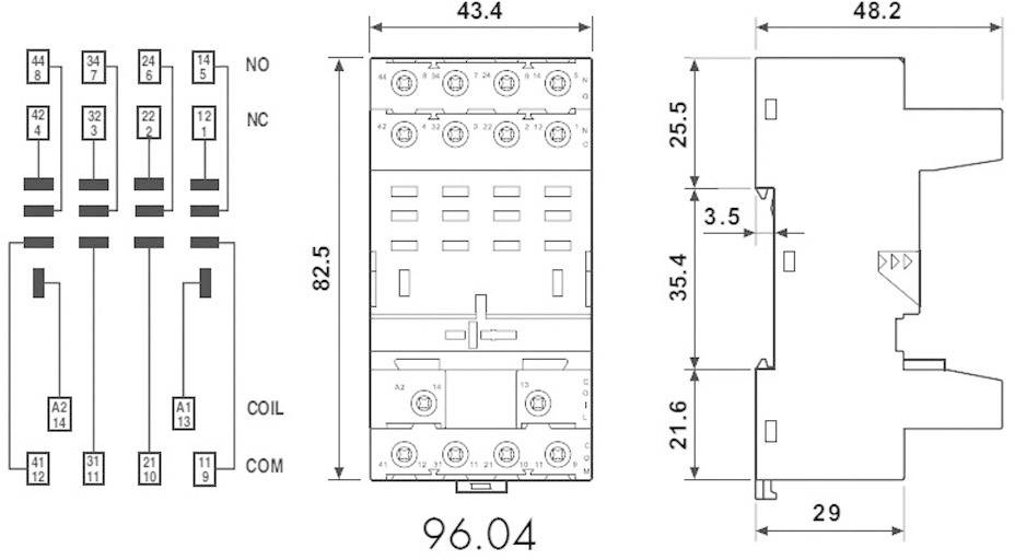 Technische Zeichnung eines Relaismoduls mit Anschlüssen und Abmessungen. Links: Schaltplan. Rechts: Gehäuse mit 29mm Tiefe, 48.2mm Breite.