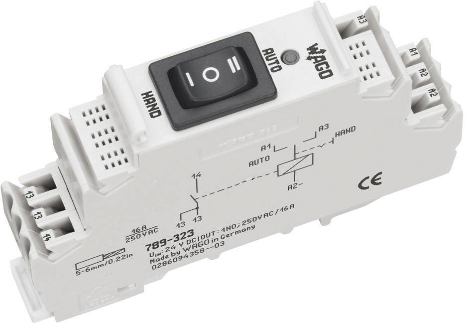 Ein elektronisches Gerät mit Hand- und Auto-Modus-Schalter. Mehrere Anschlüsse sind sichtbar. Produktnummer und Hersteller sind aufgedruckt.