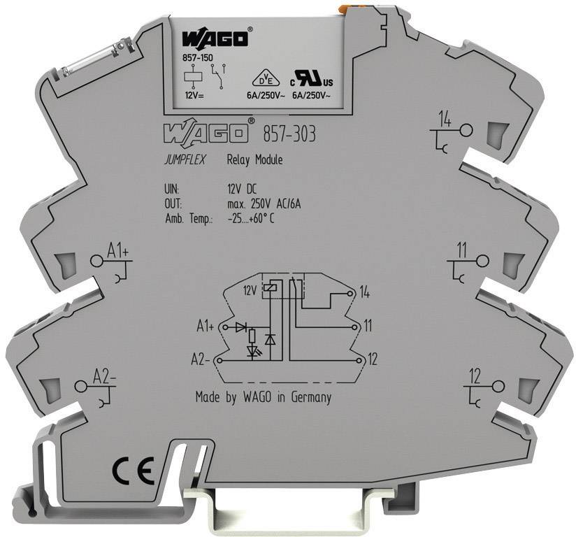 Relaismodul von WAGO, Modell 857-303, 12V DC, max. 250V AC/6A, geeignet für Temperaturen -25 bis 60°C, 'Made by WAGO in Germany'.