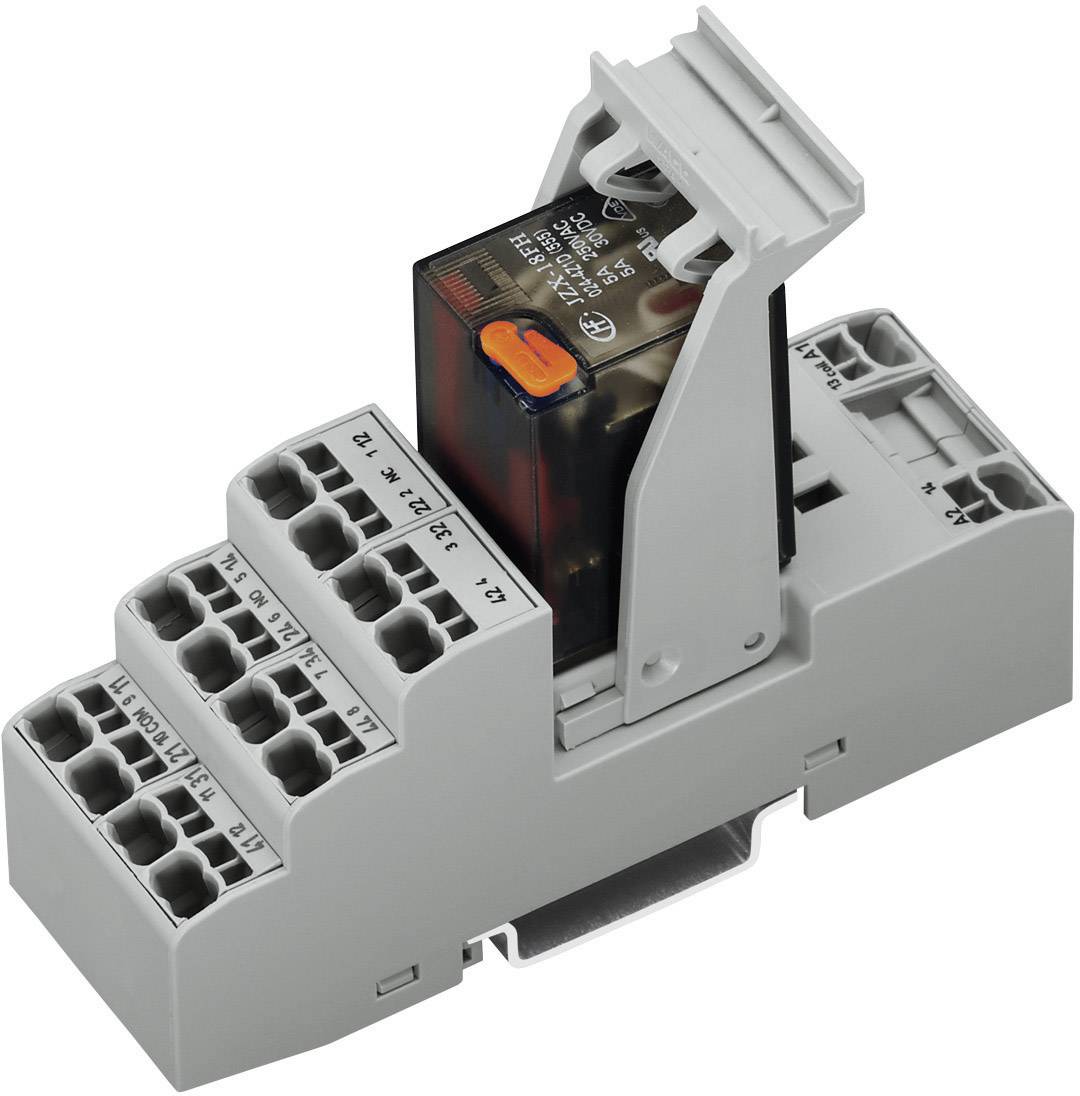 Grau-weißes Relaismodul mit orangem Element, montiert auf einer standardisierten DIN-Schiene, zeigt elektrische Anschlussklemmen.