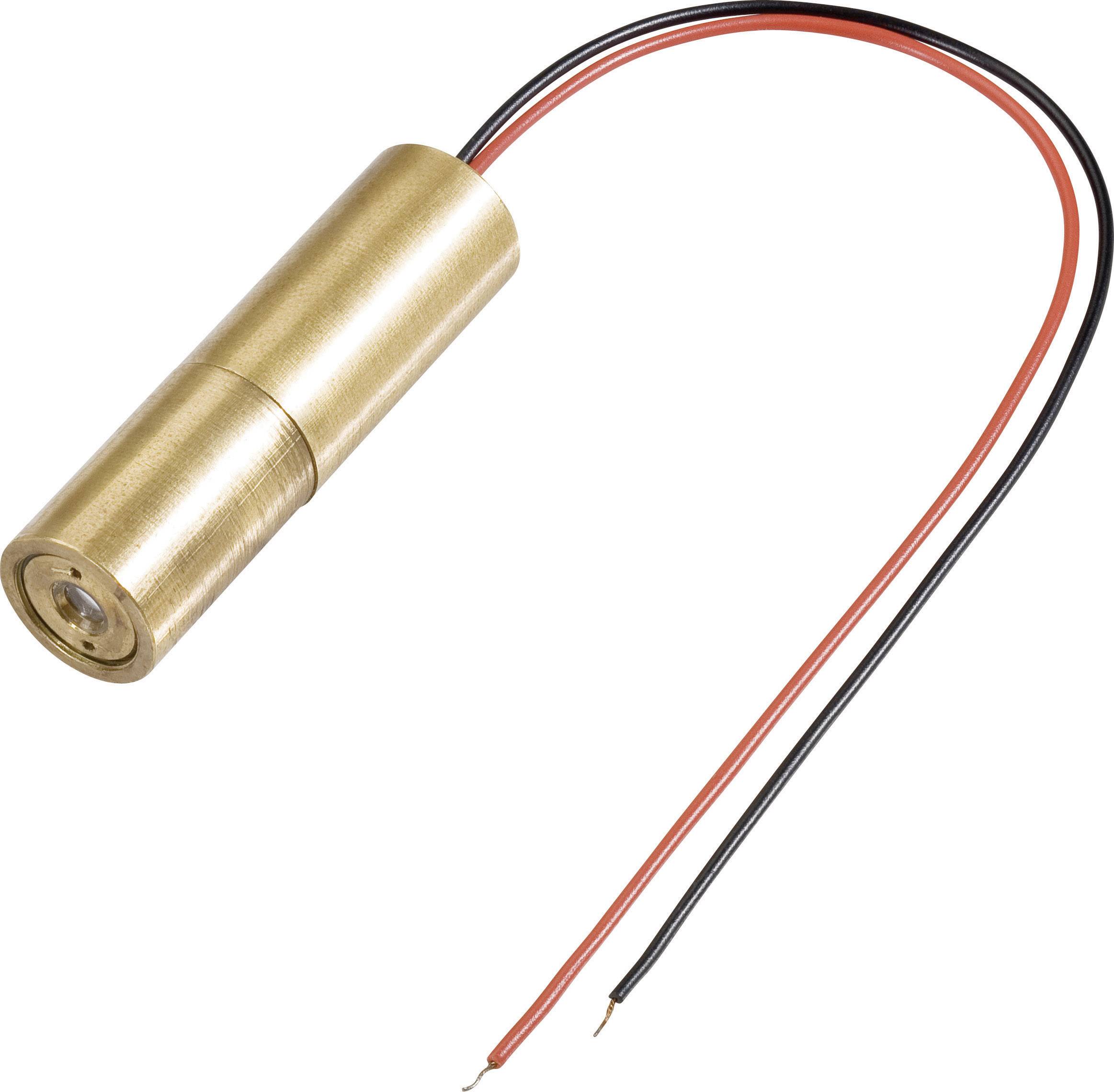 Laserdiode-Modul in Messinggehäuse mit rotem und schwarzem Anschlusskabel; geeignet für technische Anwendungen oder Experimente.