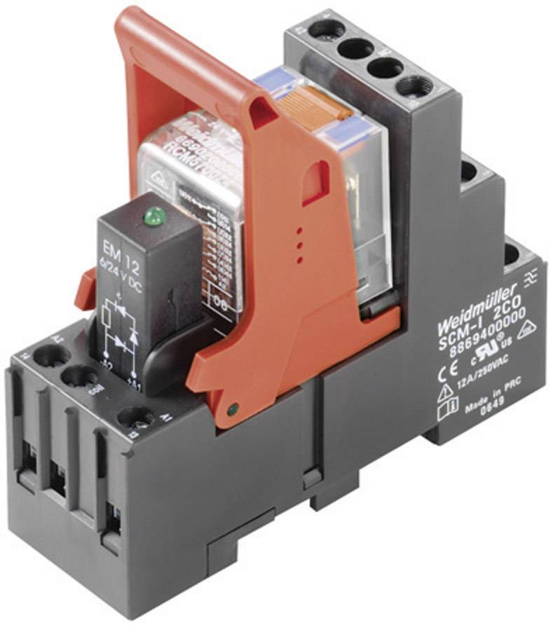 'Weidmüller Relaismodul SCRM 1800, 6A, 24V DC' in einem schwarzen Gehäuse mit oranger Halterung, geeignet für industrielle Anwendungen.