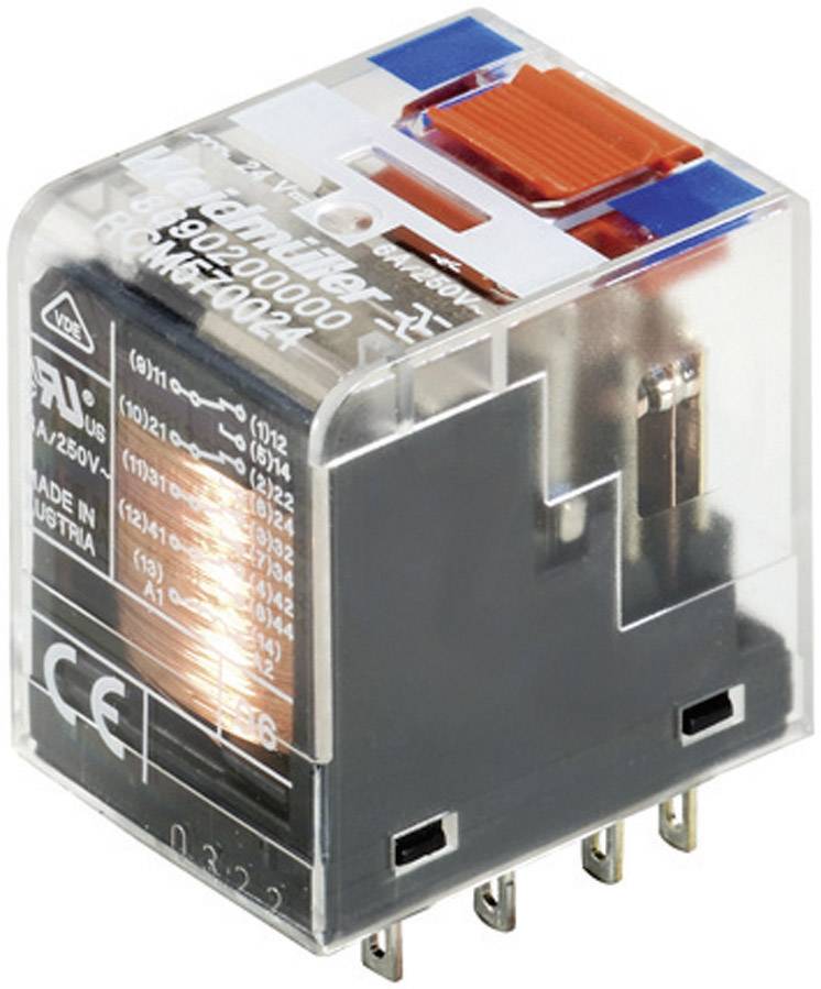 Ein durchsichtiges Relais mit Metallelementen und farbigen Markierungen, das elektrische Verbindungen für Schaltkreise ermöglicht.