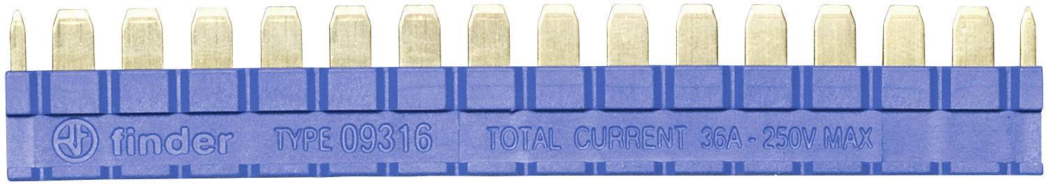 Blaue Brückenklemme mit 12 Metallkontakten. Beschriftung: Finder, Typ 093.16, Gesamter Strom 36A-25A max.