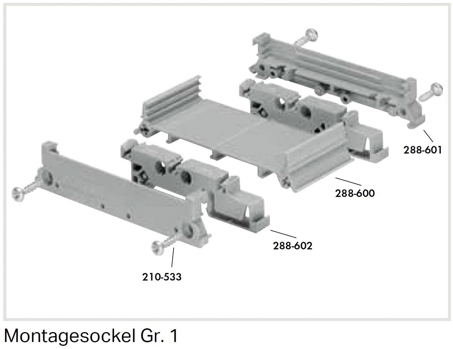 Montagesockel bestehen aus mehreren grauen Bauteilen, darunter Teile mit den Nummern 210-533, 288-600, 288-601, 288-602.