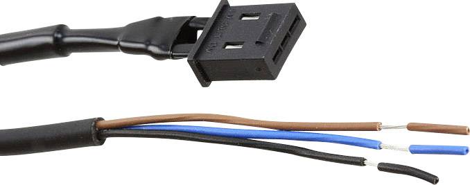 Anschlusskabel mit schwarzem Stecker und drei freiliegenden Drähten in Braun, Blau und Schwarz, geeignet für elektrische Verbindungen.