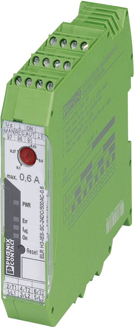 Grünes elektronisches Schutzgerät der Marke Phoenix Contact, Modell ELR H3-IEx-230DC/500AC-0,6. Zeigt Anschlussklemmen und Statusanzeige.