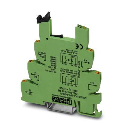 Grün-schwarze Hutschienen-Relaisklemme von Phoenix Contact mit Beschriftungen und Diagramm, verwendet zur Verbindung elektrischer Schaltkreise.
